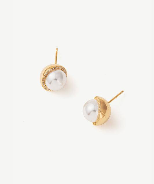 Phase Pearl Pave Moon Stud Earrings